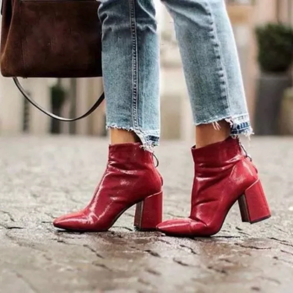 Zara Bloggers Favorite Retro Red Crinkled Patent Leather Block Heel Ankle Boots